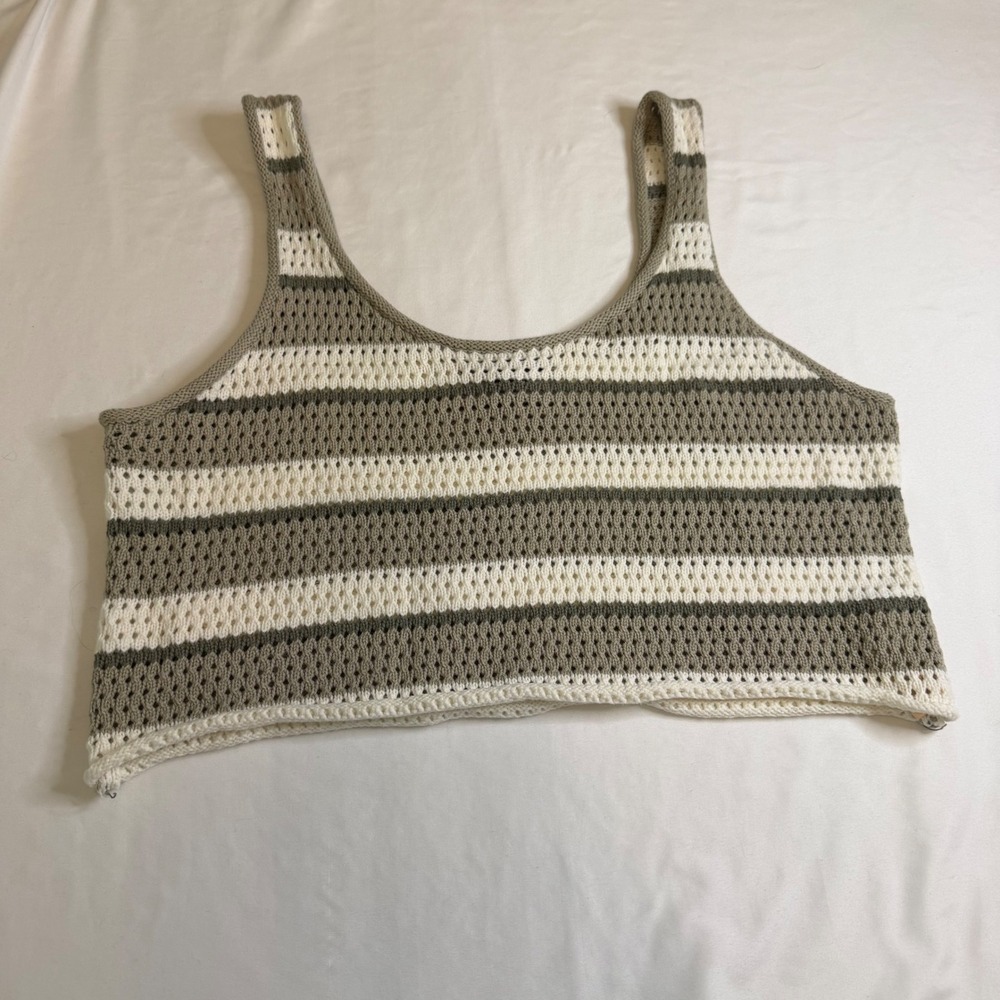 Forever 21 Striped Crochet Knit Crop Tank Top Olive Green Cream Large
